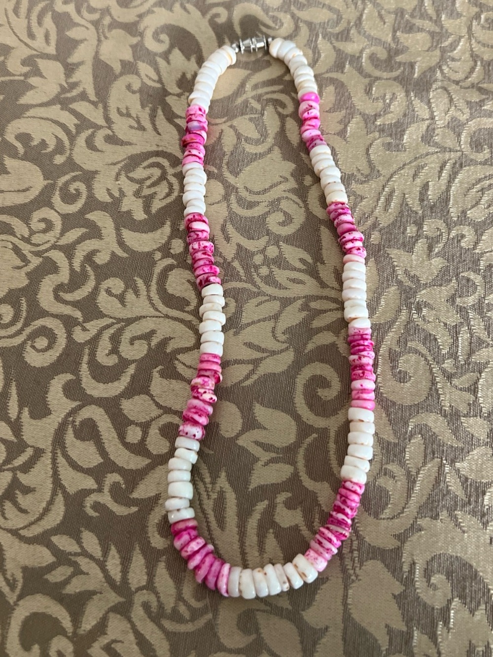 Dark Pink And White Shell Chip Necklace, barrel clasp